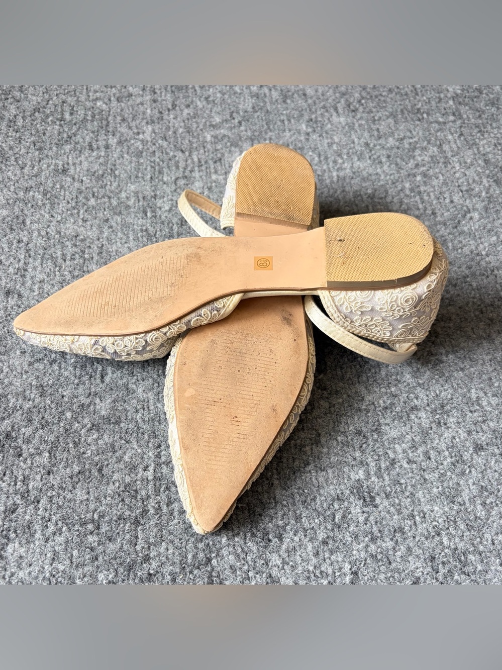Embroidered Ankle-Strap Pointed Flats in Beige - Picture 6 of 14